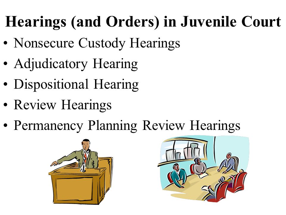 Hearings (and Orders) in Juvenile Court Nonsecure Custody Hearings Adjudicatory Hearing Dispositional Hearing Review Hearings Permanency Planning Review Hearings