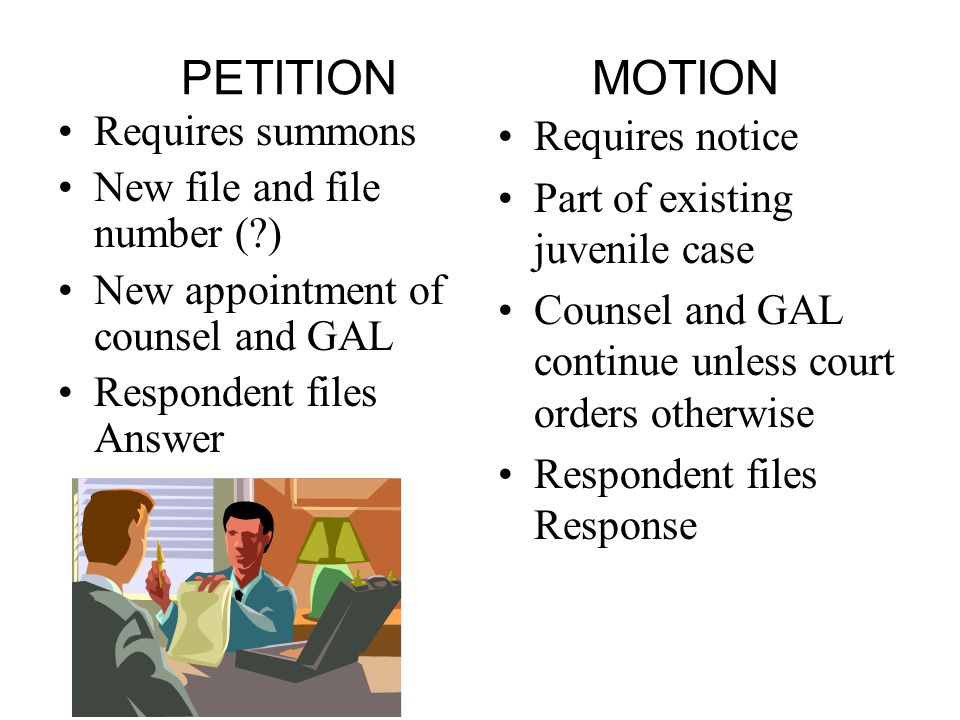 PETITION MOTION Requires summons New file and file number ( ) New appointment of counsel and GAL Respondent files Answer Requires notice Part of existing juvenile case Counsel and GAL continue unless court orders otherwise Respondent files Response