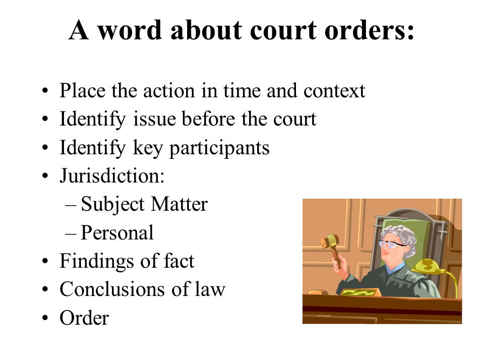 A word about court orders: Place the action in time and context Identify issue before the court Identify key participants Jurisdiction: –Subject Matter –Personal Findings of fact Conclusions of law Order