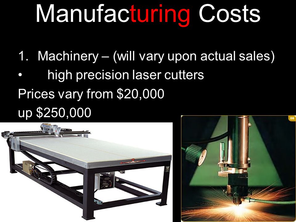 Manufacturing Costs 1.Machinery – (will vary upon actual sales) high precision laser cutters Prices vary from $20,000 up $250,000