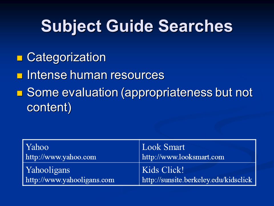 Subject Guide Searches Categorization Categorization Intense human resources Intense human resources Some evaluation (appropriateness but not content) Some evaluation (appropriateness but not content) Yahoo   Look Smart   Yahooligans   Kids Click.