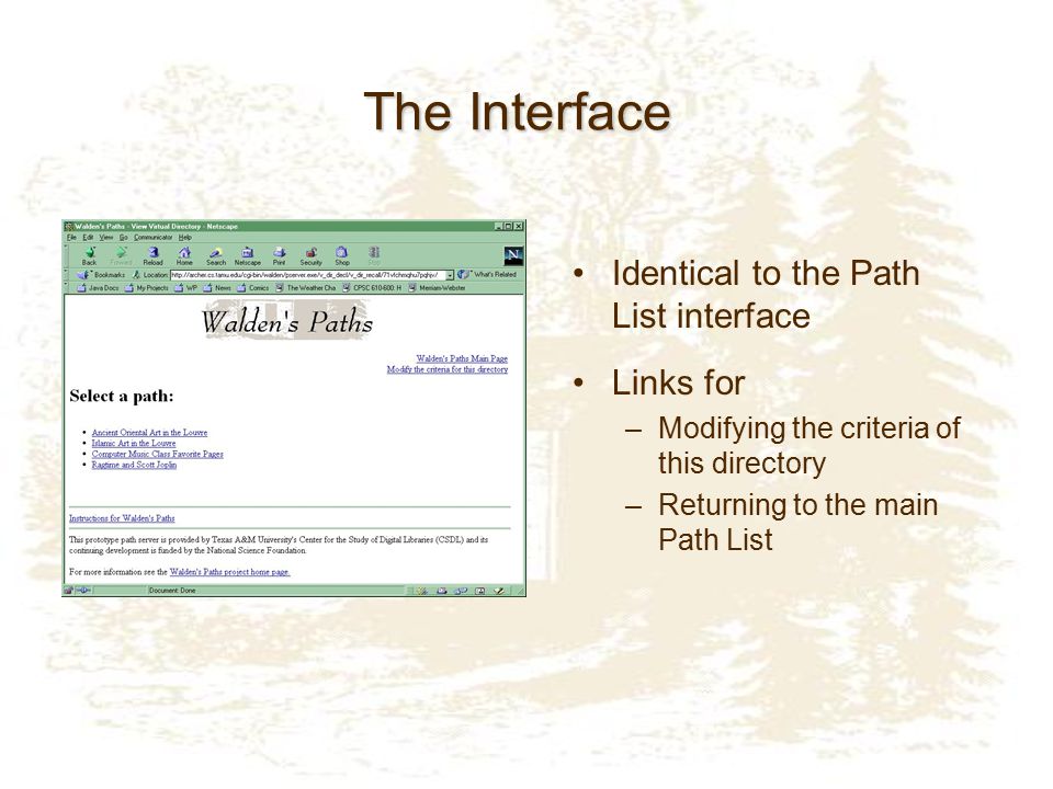 Identical to the Path List interface Links for –Modifying the criteria of this directory –Returning to the main Path List