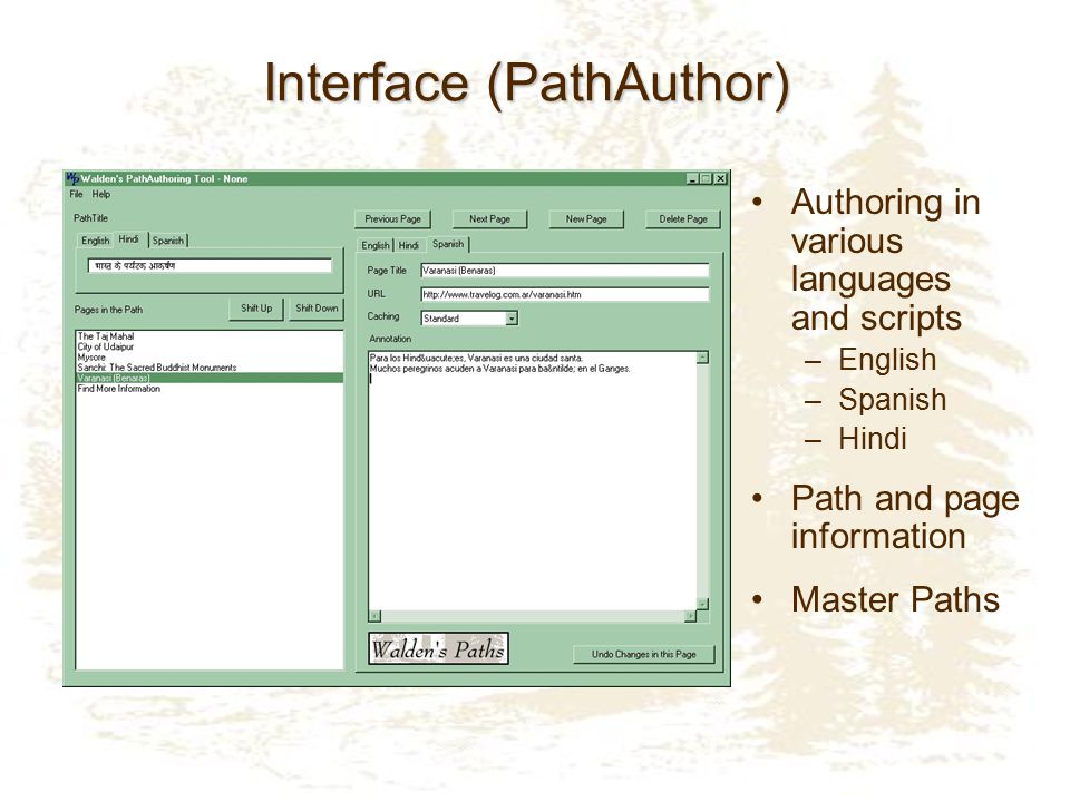Interface (PathAuthor) Authoring in various languages and scripts –English –Spanish –Hindi Path and page information Master Paths