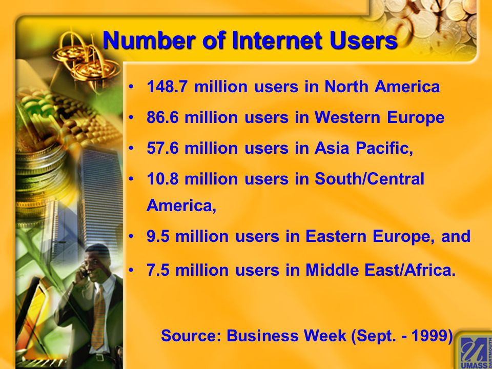 Number of Internet Users million users in North America 86.6 million users in Western Europe 57.6 million users in Asia Pacific, 10.8 million users in South/Central America, 9.5 million users in Eastern Europe, and 7.5 million users in Middle East/Africa.