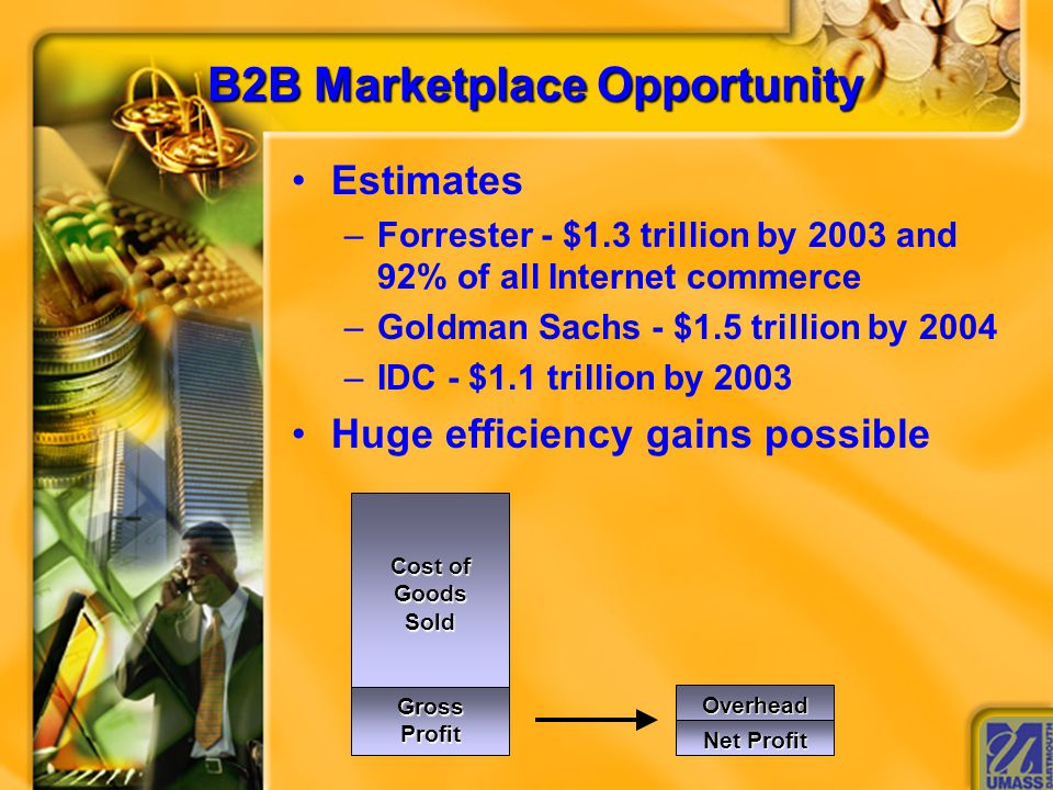B2B Marketplace Opportunity Estimates – –Forrester - $1.3 trillion by 2003 and 92% of all Internet commerce – –Goldman Sachs - $1.5 trillion by 2004 – –IDC - $1.1 trillion by 2003 Huge efficiency gains possible Cost of GoodsSold Gross Profit Overhead Net Profit