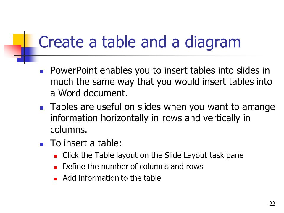 22 Create a table and a diagram PowerPoint enables you to insert tables into slides in much the same way that you would insert tables into a Word document.