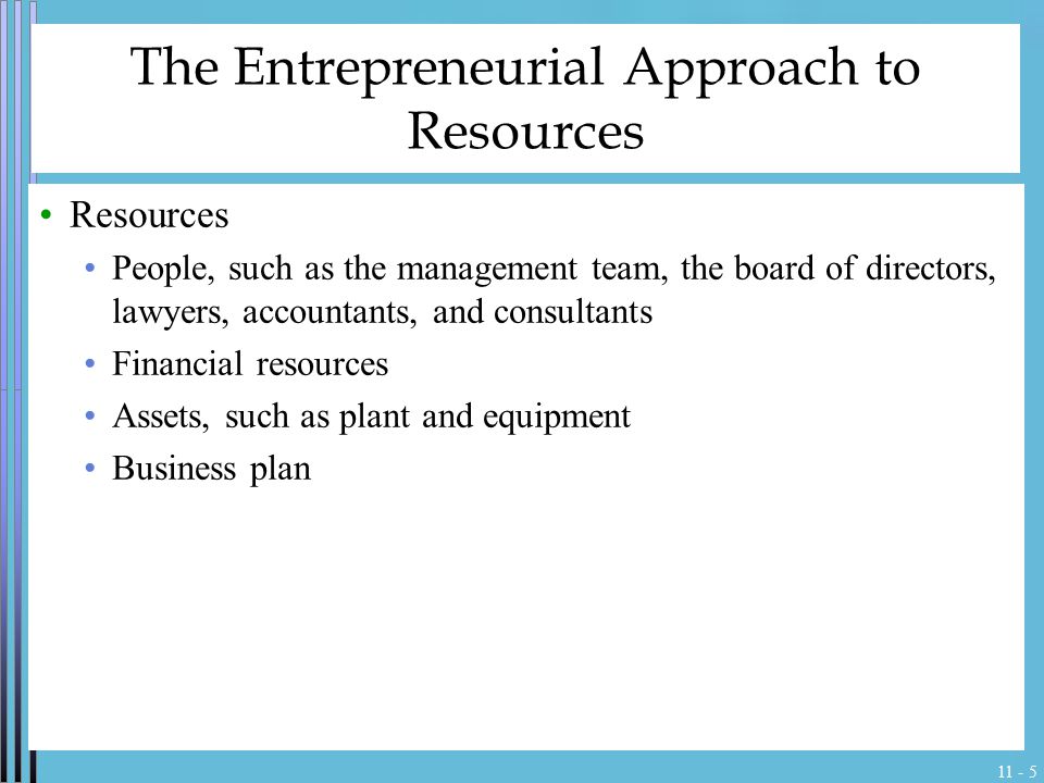 The Entrepreneurial Approach to Resources Resources People, such as the management team, the board of directors, lawyers, accountants, and consultants Financial resources Assets, such as plant and equipment Business plan