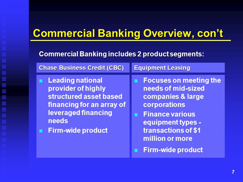 7 Commercial Banking Overview, con’t Leading national provider of highly structured asset based financing for an array of leveraged financing needs Firm-wide product Focuses on meeting the needs of mid-sized companies & large corporations Finance various equipment types - transactions of $1 million or more Firm-wide product Chase Business Credit (CBC) Equipment Leasing Commercial Banking includes 2 product segments: