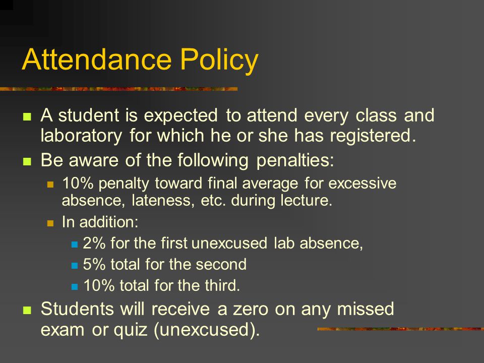 Attendance Policy A student is expected to attend every class and laboratory for which he or she has registered.