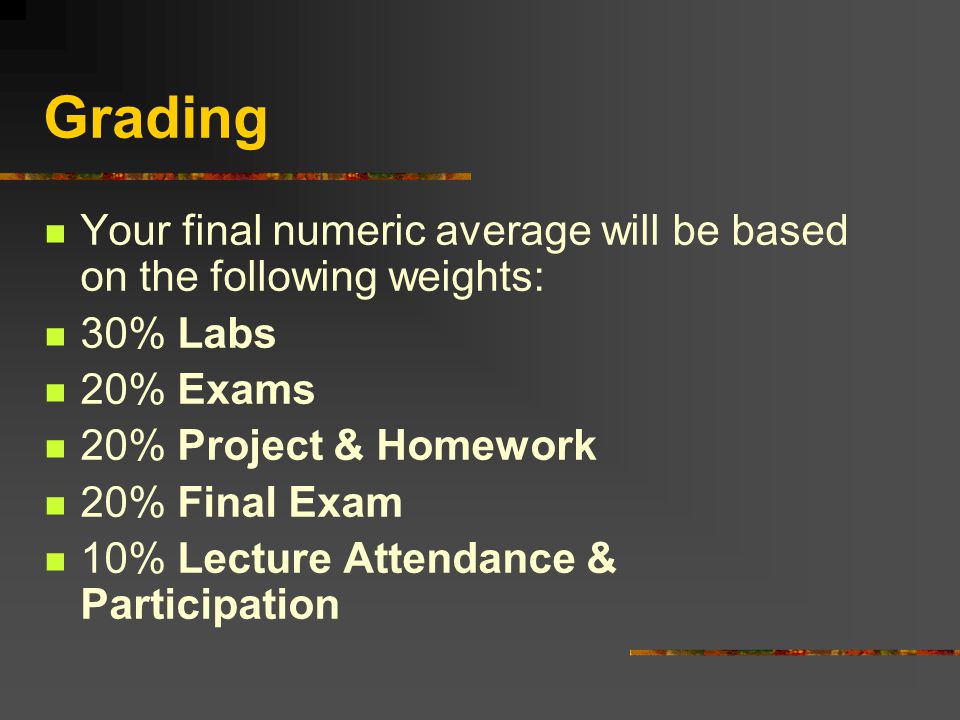 Grading Your final numeric average will be based on the following weights: 30% Labs 20% Exams 20% Project & Homework 20% Final Exam 10% Lecture Attendance & Participation