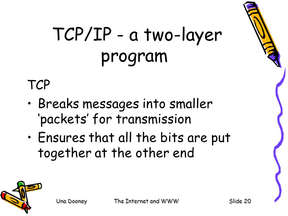 Una DooneyThe Internet and WWWSlide 20 TCP/IP - a two-layer program TCP Breaks messages into smaller ‘packets’ for transmission Ensures that all the bits are put together at the other end