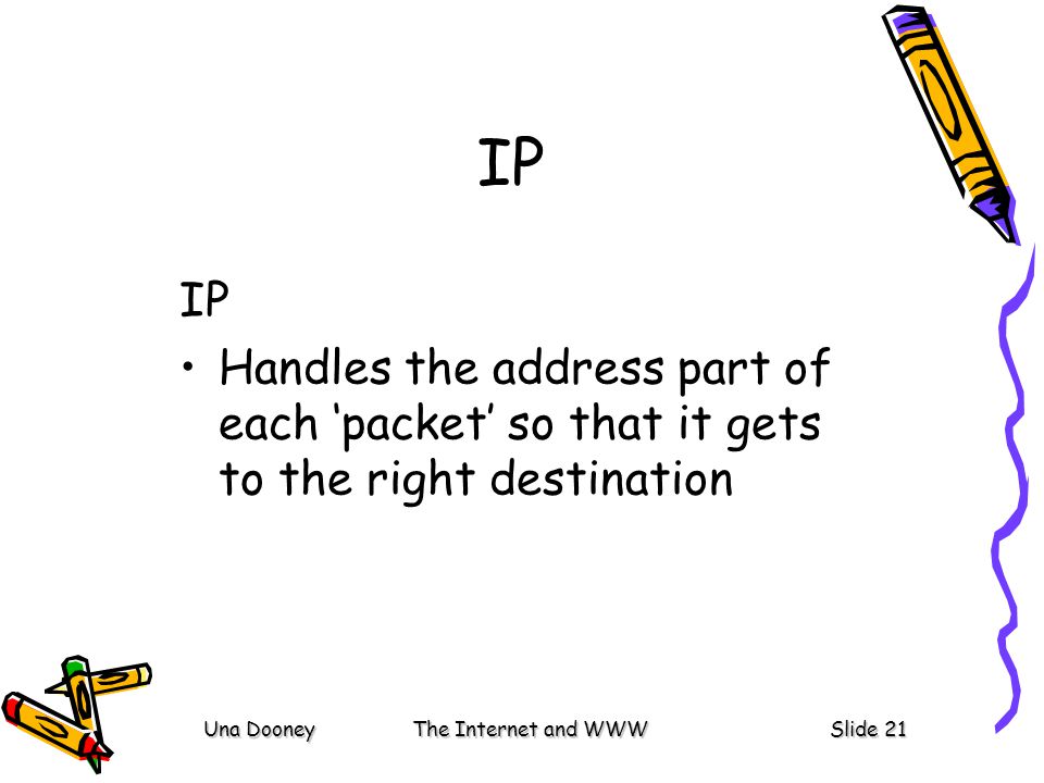Una DooneyThe Internet and WWWSlide 21 IP Handles the address part of each ‘packet’ so that it gets to the right destination