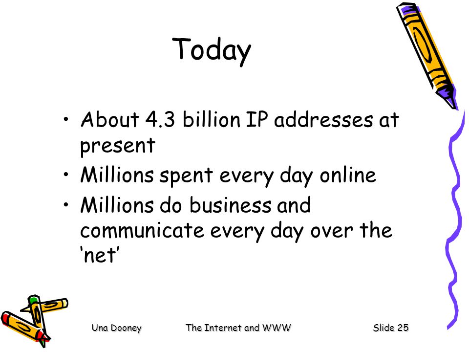 Una DooneyThe Internet and WWWSlide 25 Today About 4.3 billion IP addresses at present Millions spent every day online Millions do business and communicate every day over the ‘net’