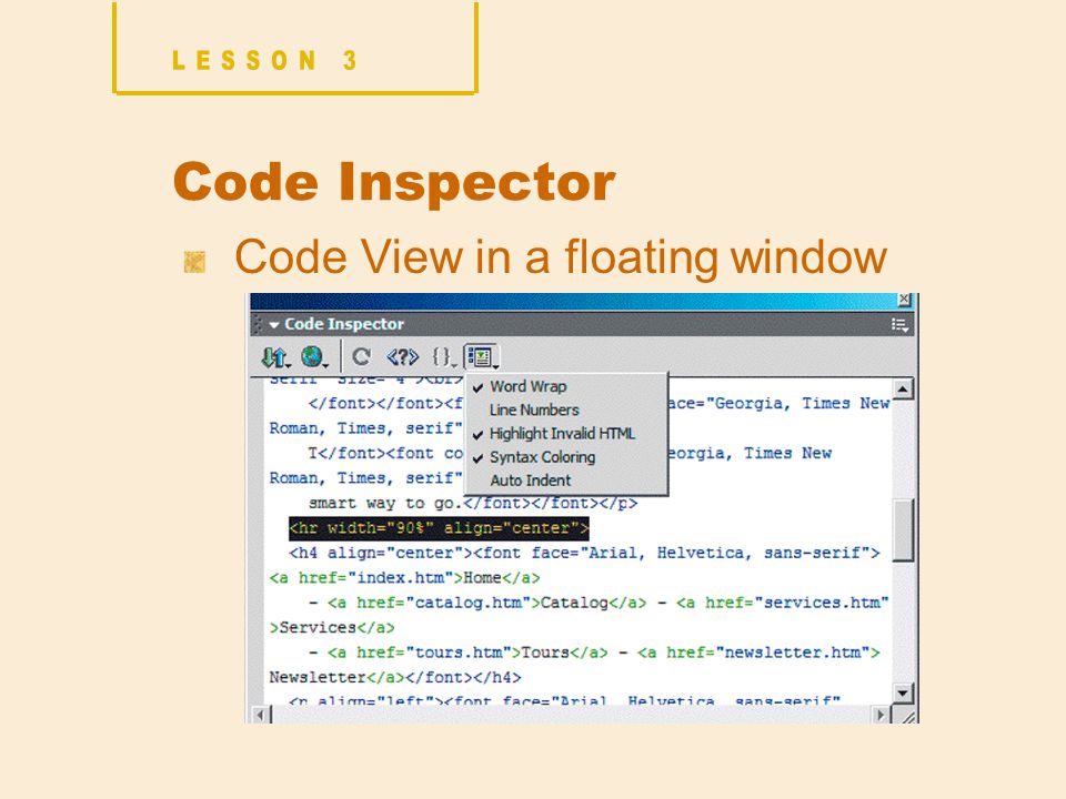 Code Inspector Code View in a floating window