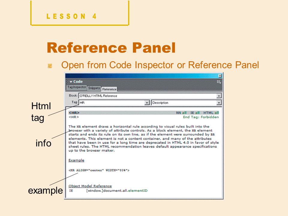 Reference Panel Open from Code Inspector or Reference Panel Html tag example info