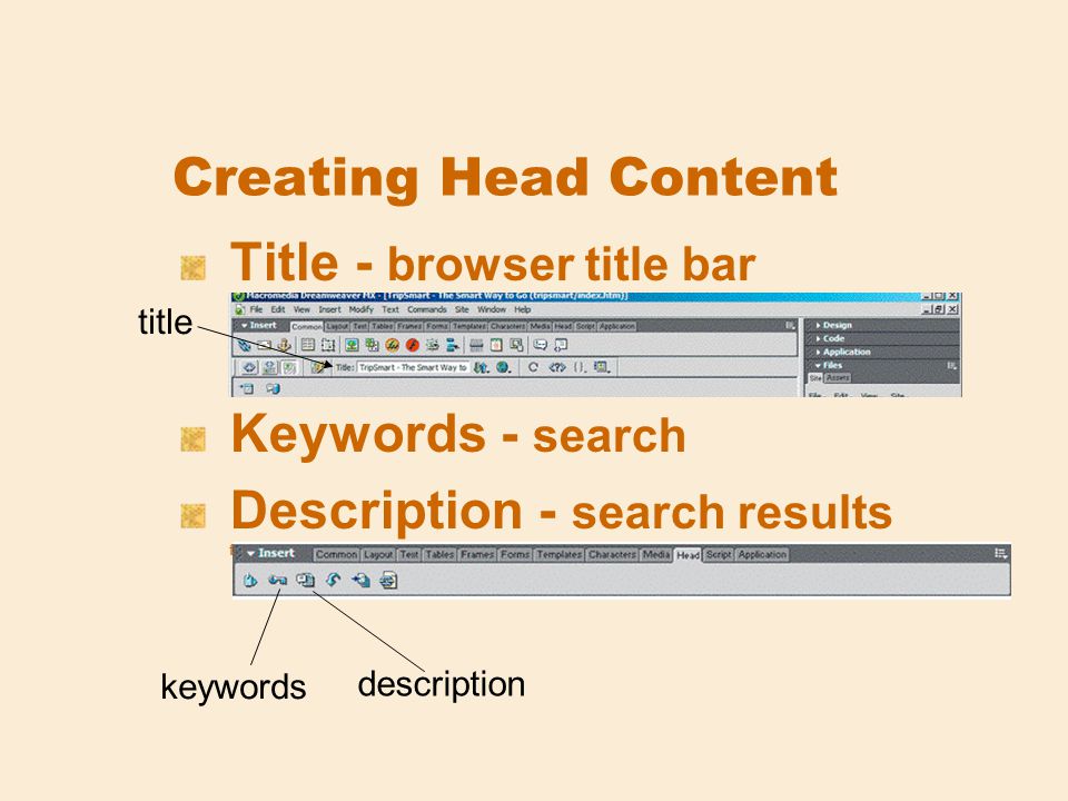 Creating Head Content Title - browser title bar fig B-2 Keywords - search Description - search results fig B-4 keywords description title