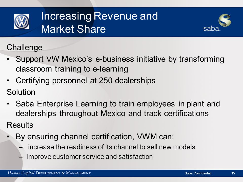 Saba Confidential 15 Increasing Revenue and Market Share Challenge Support VW Mexico’s e-business initiative by transforming classroom training to e-learning Certifying personnel at 250 dealerships Solution Saba Enterprise Learning to train employees in plant and dealerships throughout Mexico and track certifications Results By ensuring channel certification, VWM can: – increase the readiness of its channel to sell new models –Improve customer service and satisfaction
