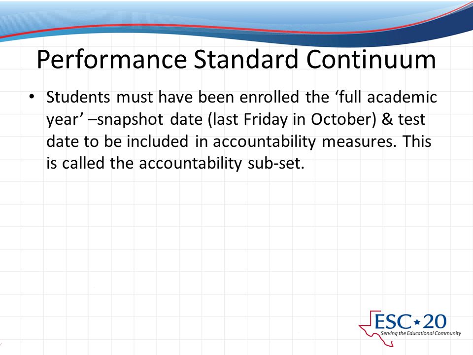Students must have been enrolled the ‘full academic year’ –snapshot date (last Friday in October) & test date to be included in accountability measures.