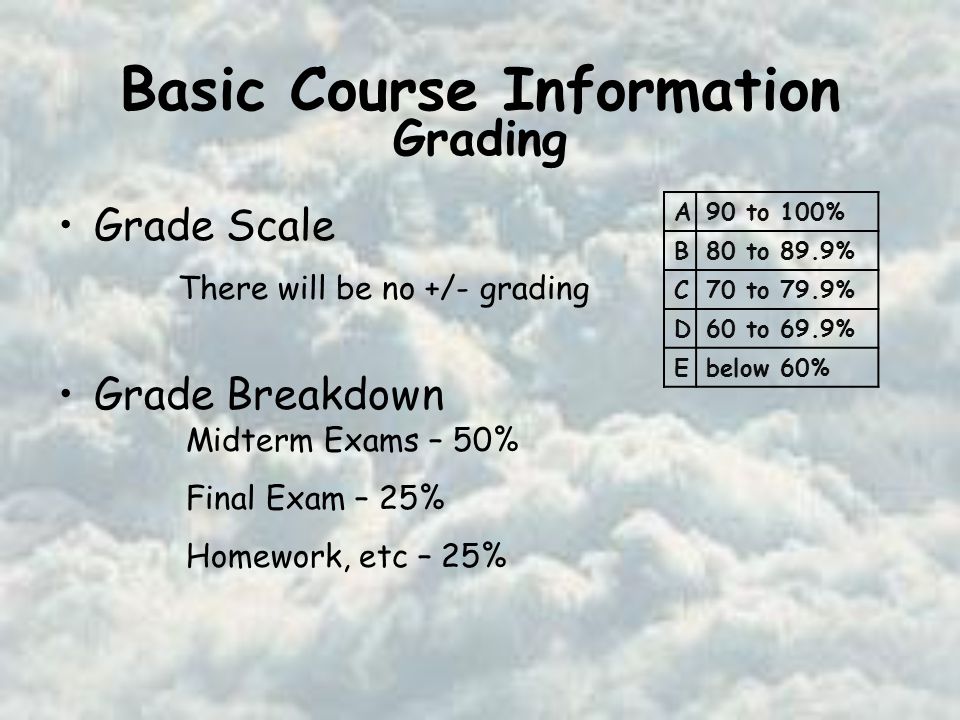 Basic Course Information Grade Scale Grade Breakdown Midterm Exams – 50% Final Exam – 25% Homework, etc – 25% There will be no +/- grading A90 to 100% B80 to 89.9% C70 to 79.9% D60 to 69.9% Ebelow 60% Grading