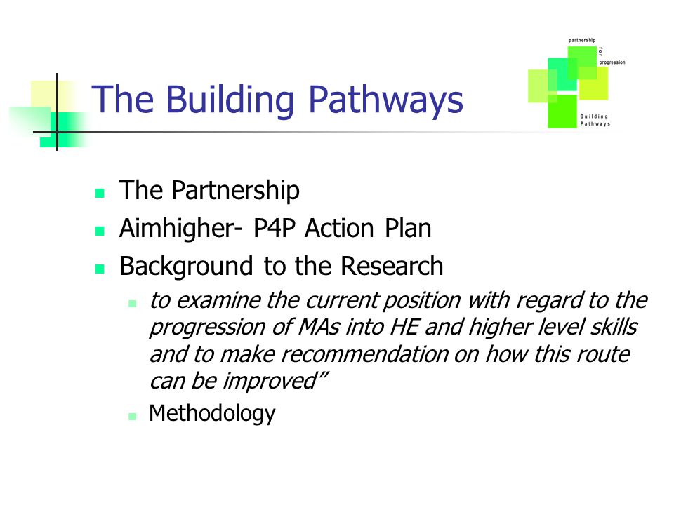 The Building Pathways The Partnership Aimhigher- P4P Action Plan Background to the Research to examine the current position with regard to the progression of MAs into HE and higher level skills and to make recommendation on how this route can be improved Methodology
