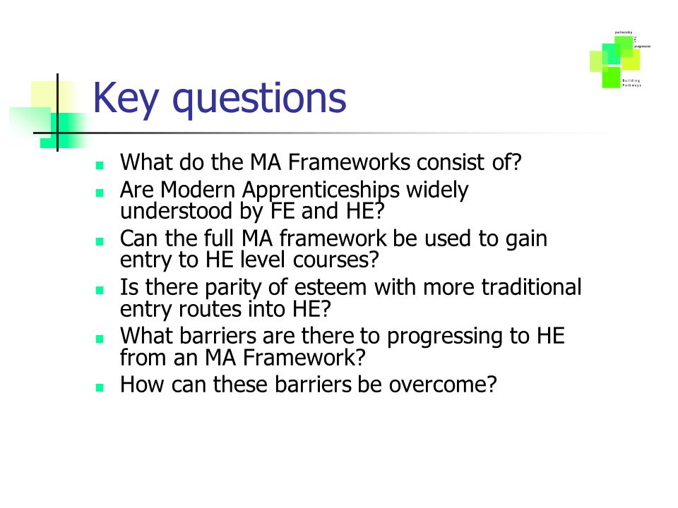 Key questions What do the MA Frameworks consist of.