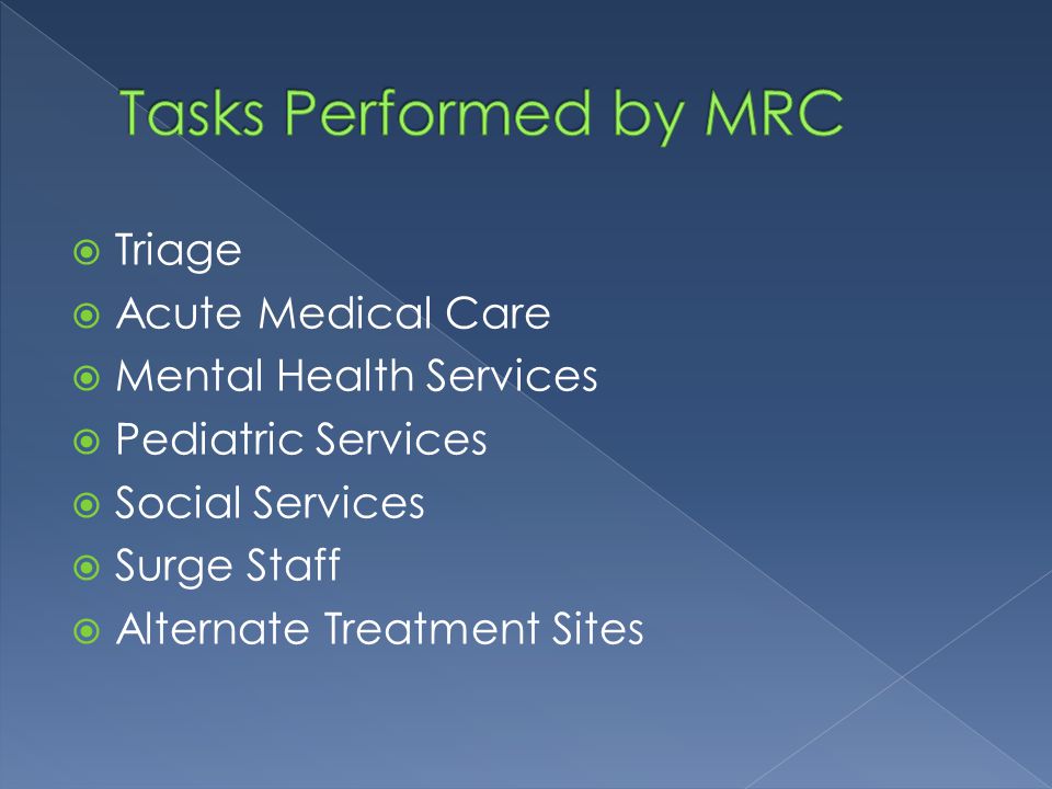  Triage  Acute Medical Care  Mental Health Services  Pediatric Services  Social Services  Surge Staff  Alternate Treatment Sites