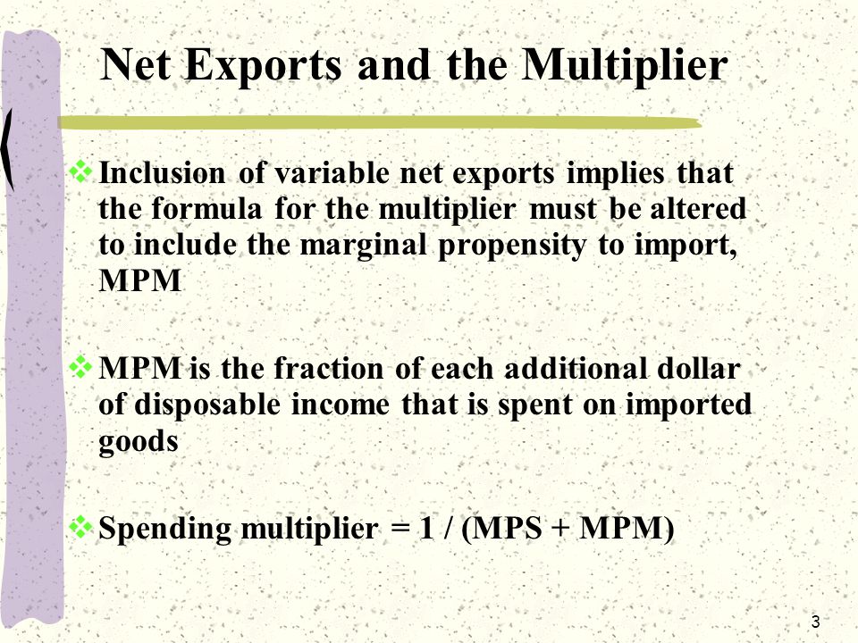 3 Net Exports and the Multiplier  Inclusion of variable net exports implies that the formula for the multiplier must be altered to include the marginal propensity to import, MPM  MPM is the fraction of each additional dollar of disposable income that is spent on imported goods  Spending multiplier = 1 / (MPS + MPM)