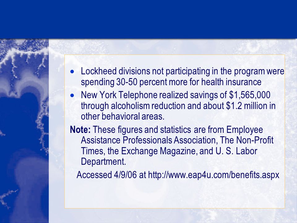  Lockheed divisions not participating in the program were spending percent more for health insurance  New York Telephone realized savings of $1,565,000 through alcoholism reduction and about $1.2 million in other behavioral areas.