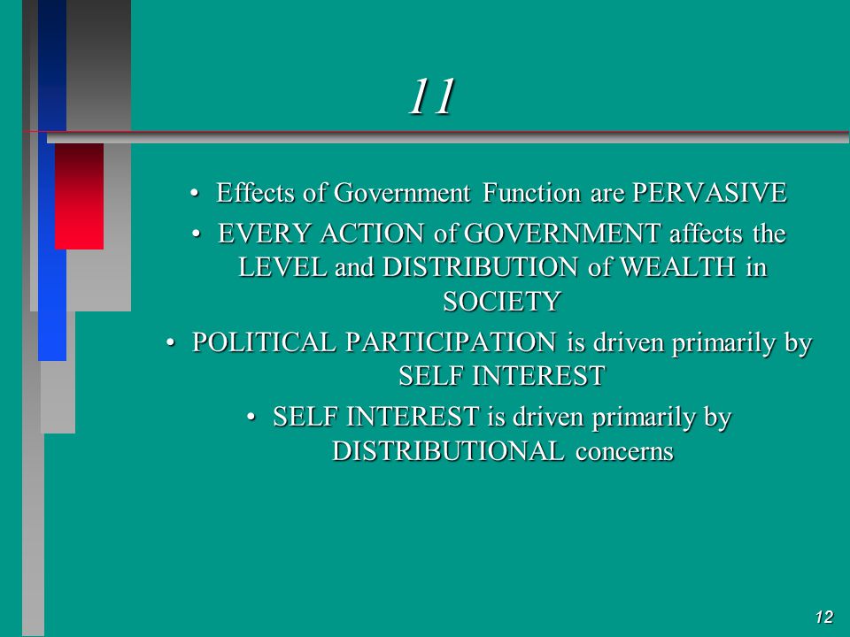 12 11 Effects of Government Function are PERVASIVEEffects of Government Function are PERVASIVE EVERY ACTION of GOVERNMENT affects the LEVEL and DISTRIBUTION of WEALTH in SOCIETYEVERY ACTION of GOVERNMENT affects the LEVEL and DISTRIBUTION of WEALTH in SOCIETY POLITICAL PARTICIPATION is driven primarily by SELF INTERESTPOLITICAL PARTICIPATION is driven primarily by SELF INTEREST SELF INTEREST is driven primarily by DISTRIBUTIONAL concernsSELF INTEREST is driven primarily by DISTRIBUTIONAL concerns
