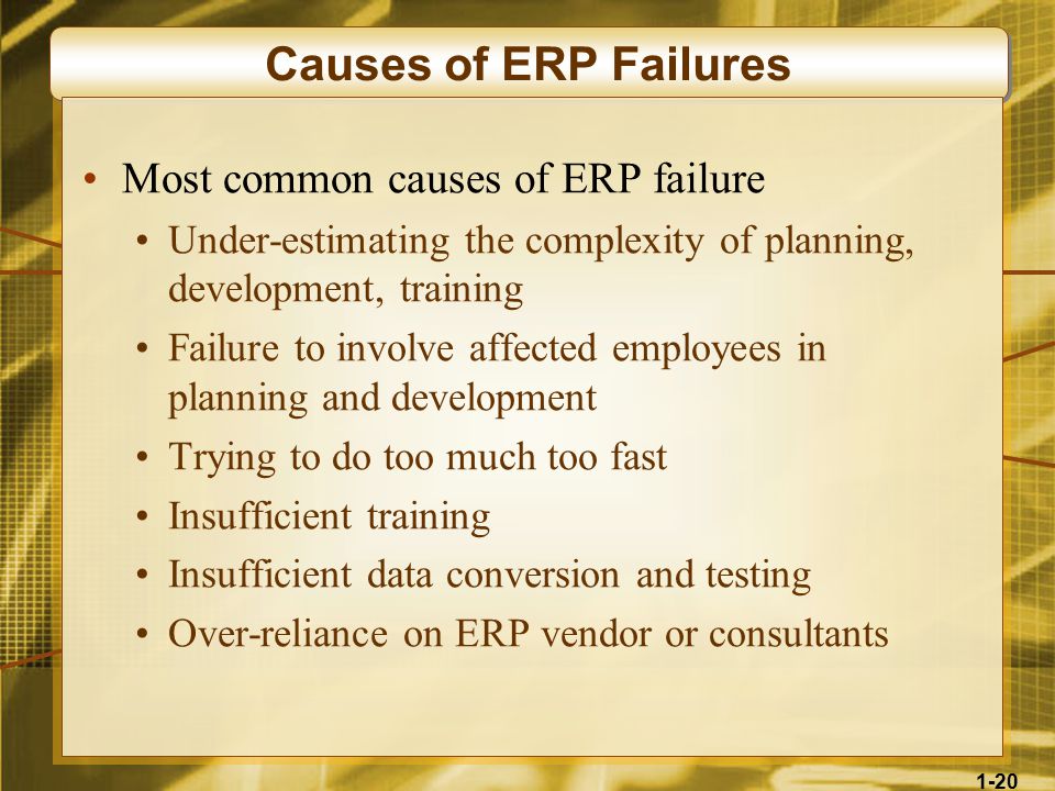 1-20 Causes of ERP Failures Most common causes of ERP failure Under-estimating the complexity of planning, development, training Failure to involve affected employees in planning and development Trying to do too much too fast Insufficient training Insufficient data conversion and testing Over-reliance on ERP vendor or consultants