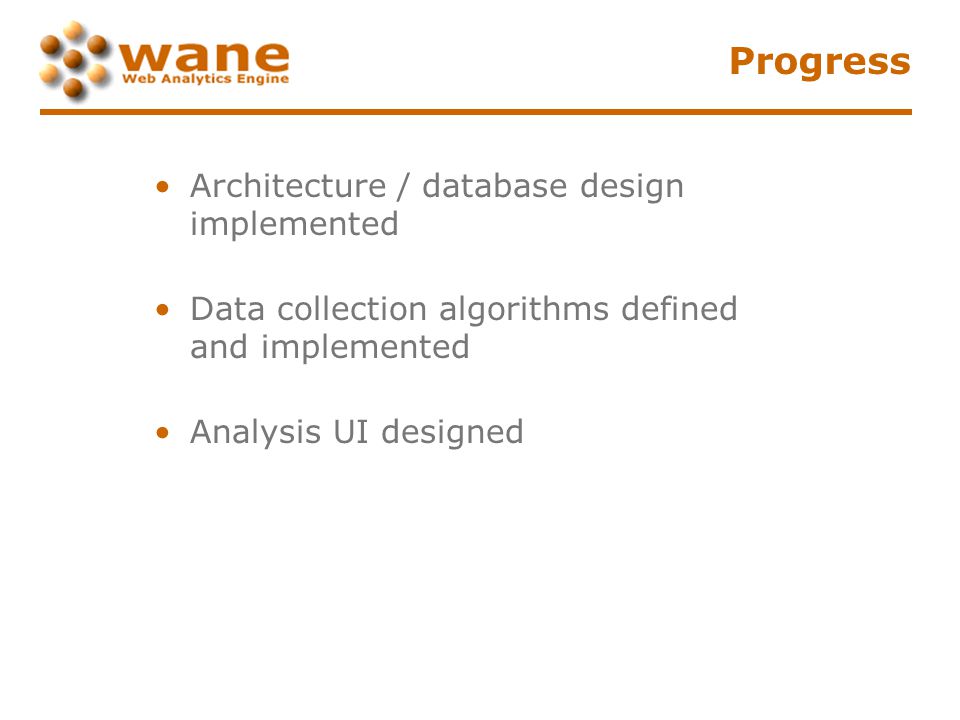 Progress Architecture / database design implemented Data collection algorithms defined and implemented Analysis UI designed