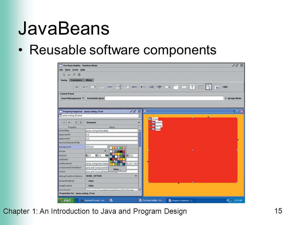 Chapter 1: An Introduction to Java and Program Design 15 JavaBeans Reusable software components