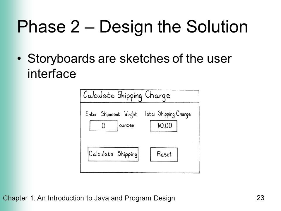 Chapter 1: An Introduction to Java and Program Design 23 Phase 2 – Design the Solution Storyboards are sketches of the user interface