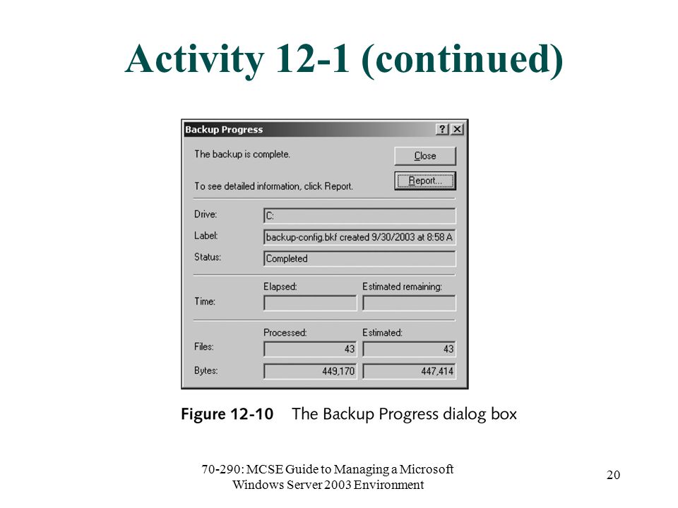 70-290: MCSE Guide to Managing a Microsoft Windows Server 2003 Environment 20 Activity 12-1 (continued)