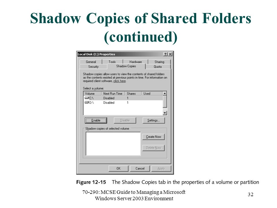 70-290: MCSE Guide to Managing a Microsoft Windows Server 2003 Environment 32 Shadow Copies of Shared Folders (continued)