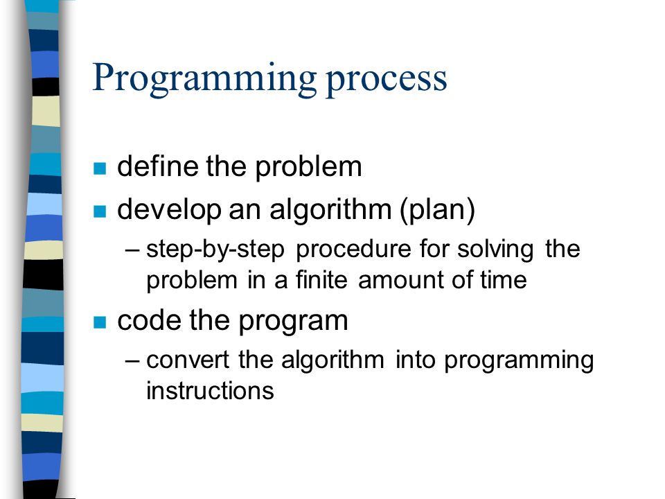Programming process n define the problem n develop an algorithm (plan) –step-by-step procedure for solving the problem in a finite amount of time n code the program –convert the algorithm into programming instructions