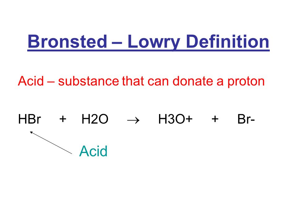 Bronsted – Lowry Definition Acid – substance that can donate a proton HBr + H2O  H3O+ + Br- Acid