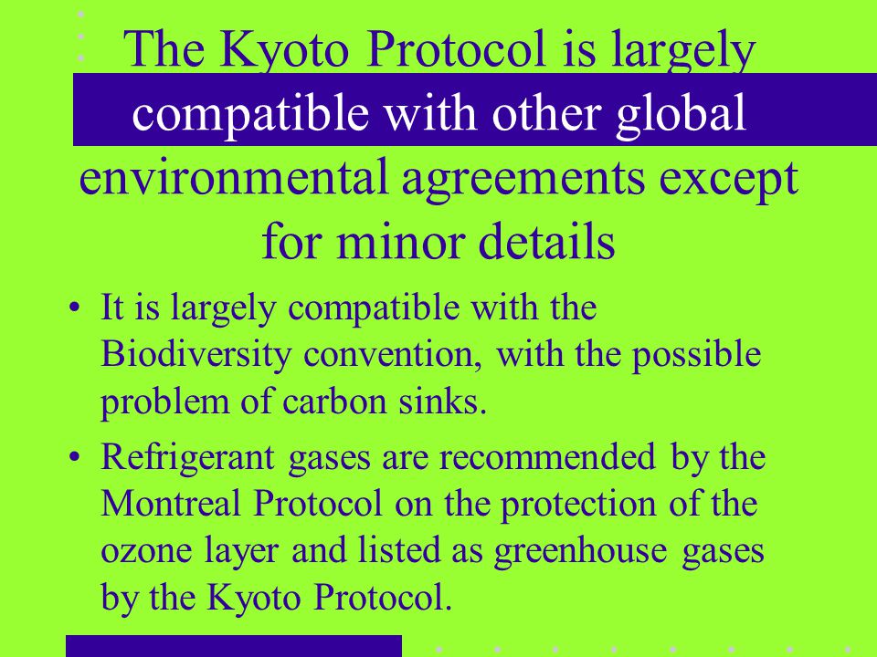 The Kyoto Protocol is largely compatible with other global environmental agreements except for minor details It is largely compatible with the Biodiversity convention, with the possible problem of carbon sinks.