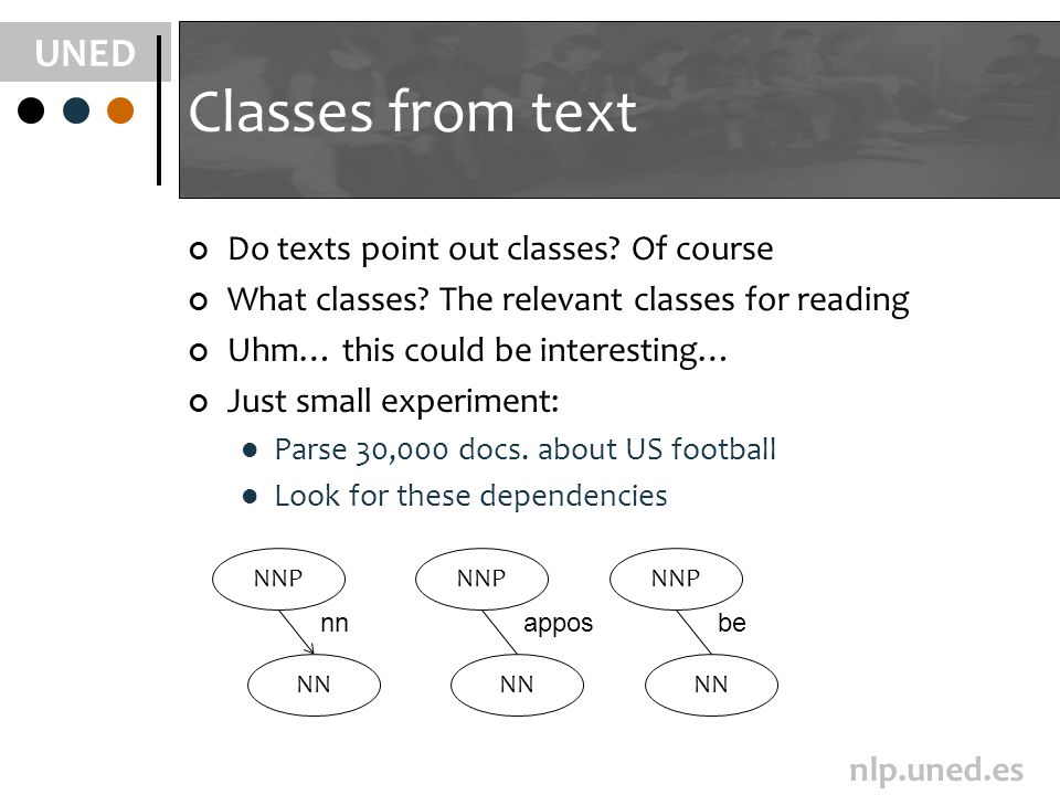 UNED nlp.uned.es Classes from text Do texts point out classes.