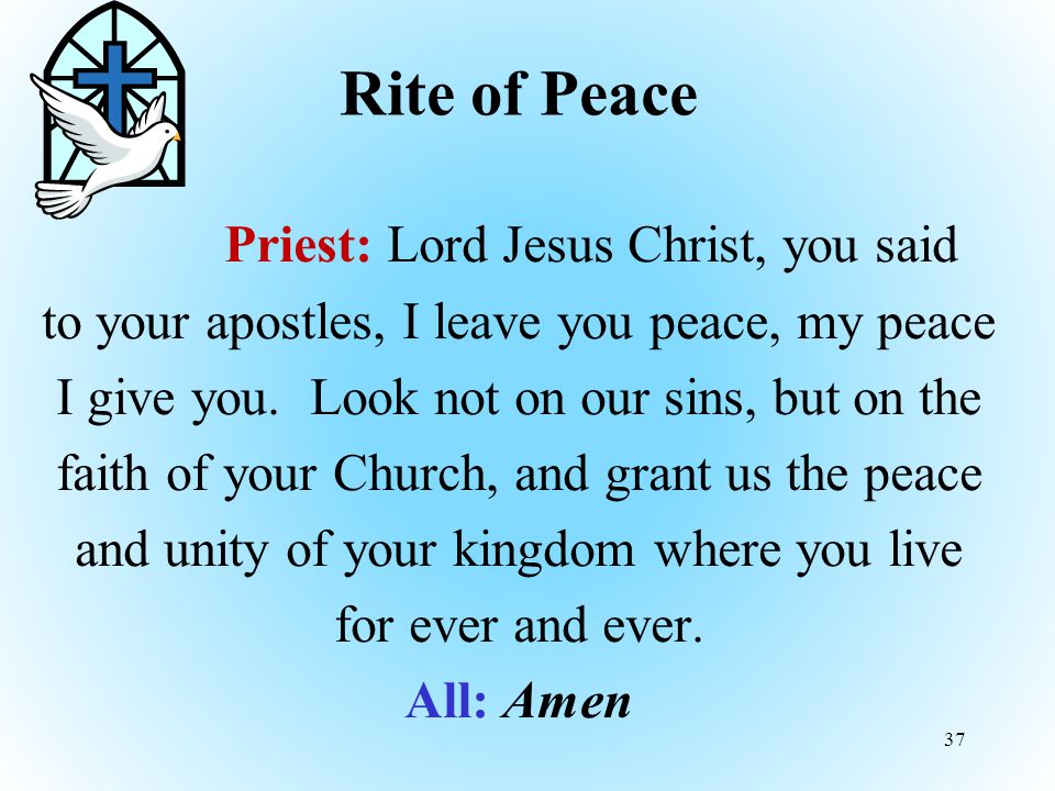 Rite of Peace Priest: Lord Jesus Christ, you said to your apostles, I leave you peace, my peace I give you.