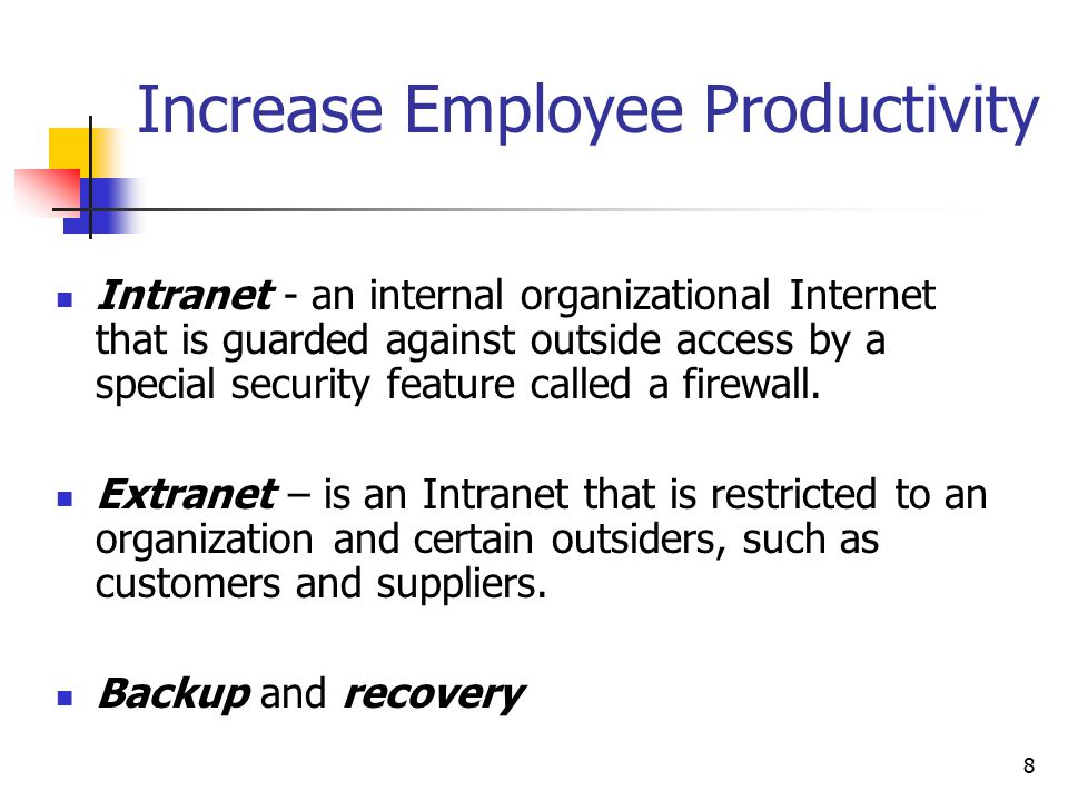 8 Increase Employee Productivity Intranet - an internal organizational Internet that is guarded against outside access by a special security feature called a firewall.