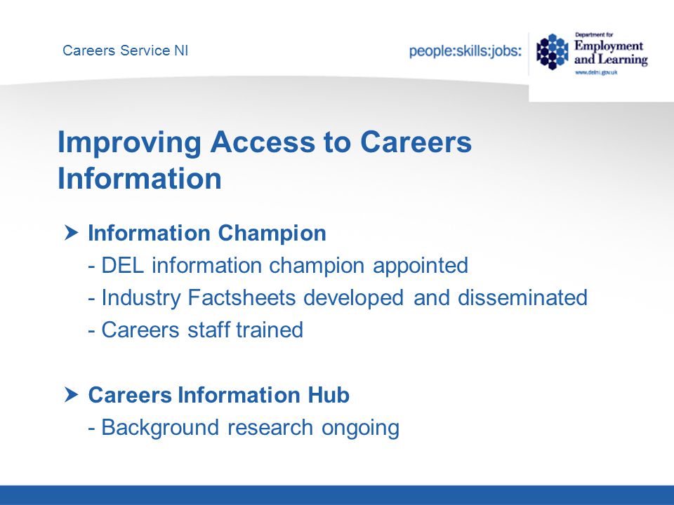 Careers Service NI Improving Access to Careers Information  Information Champion - DEL information champion appointed - Industry Factsheets developed and disseminated - Careers staff trained  Careers Information Hub - Background research ongoing