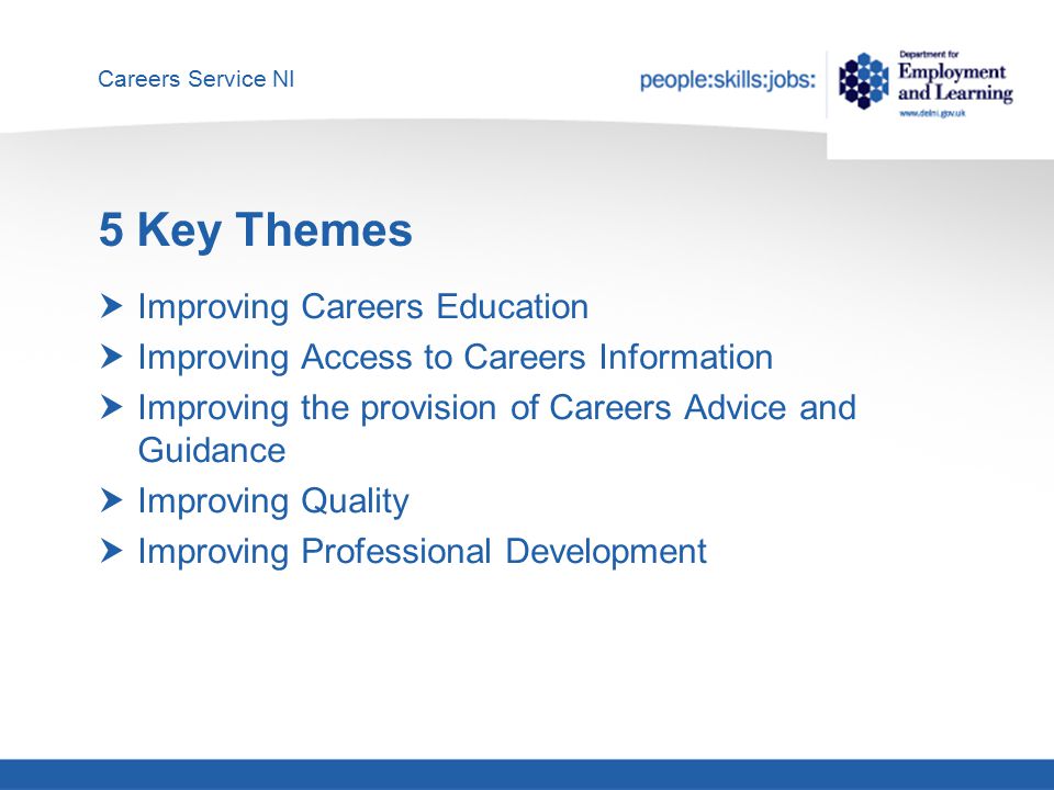 Careers Service NI 5 Key Themes  Improving Careers Education  Improving Access to Careers Information  Improving the provision of Careers Advice and Guidance  Improving Quality  Improving Professional Development