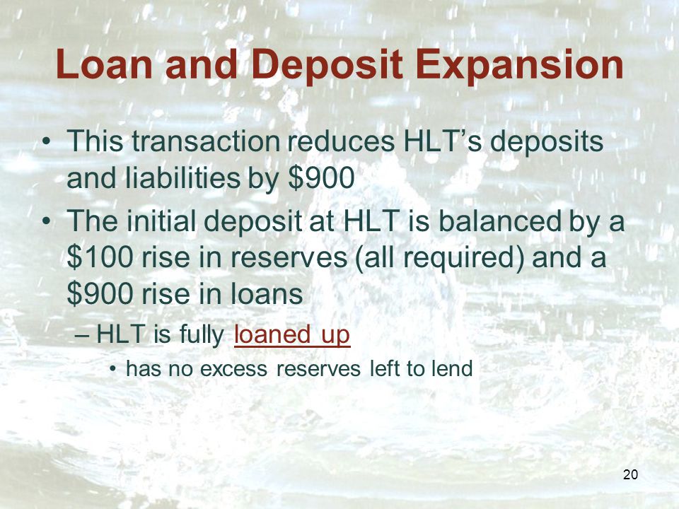 20 Loan and Deposit Expansion This transaction reduces HLT’s deposits and liabilities by $900 The initial deposit at HLT is balanced by a $100 rise in reserves (all required) and a $900 rise in loans –HLT is fully loaned up has no excess reserves left to lend