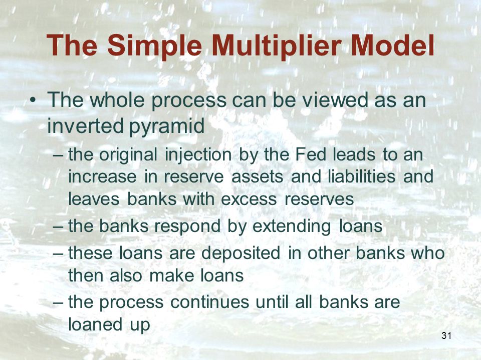 31 The Simple Multiplier Model The whole process can be viewed as an inverted pyramid –the original injection by the Fed leads to an increase in reserve assets and liabilities and leaves banks with excess reserves –the banks respond by extending loans –these loans are deposited in other banks who then also make loans –the process continues until all banks are loaned up