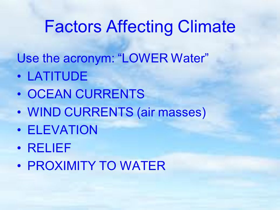 Factors Affecting Climate Use the acronym: LOWER Water LATITUDE OCEAN CURRENTS WIND CURRENTS (air masses) ELEVATION RELIEF PROXIMITY TO WATER