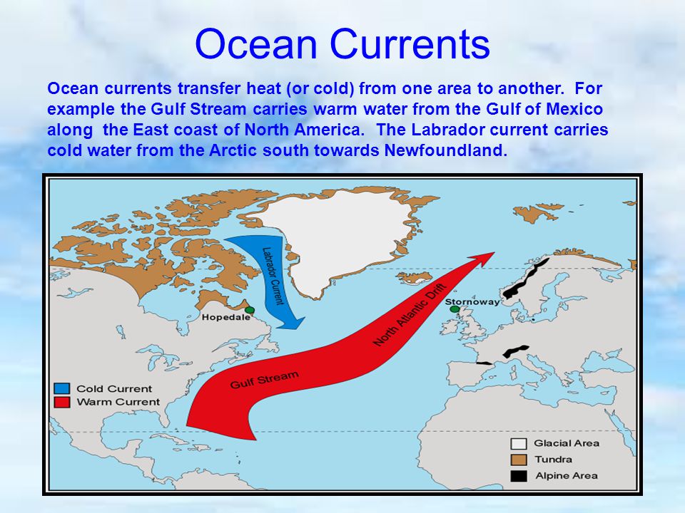 Ocean Currents Ocean currents transfer heat (or cold) from one area to another.
