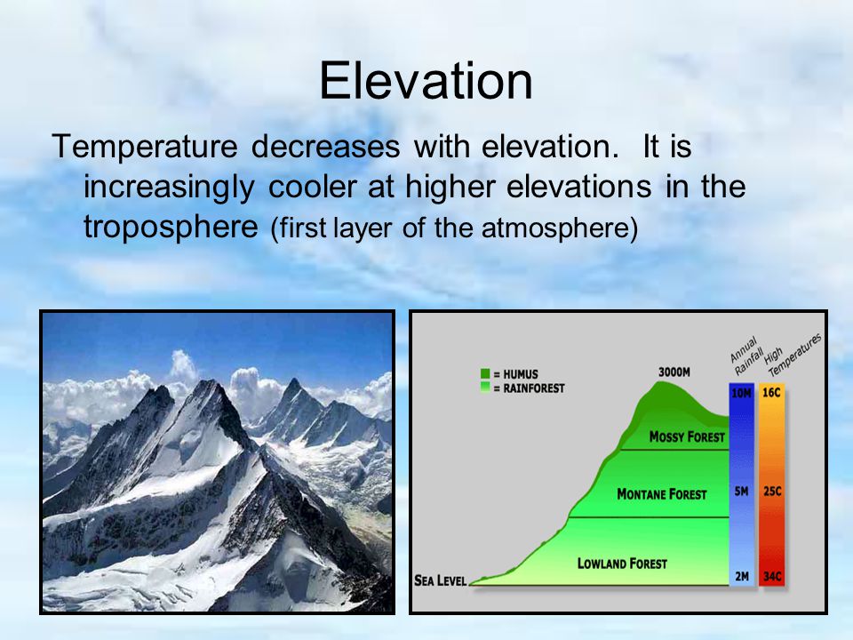 Elevation Temperature decreases with elevation.