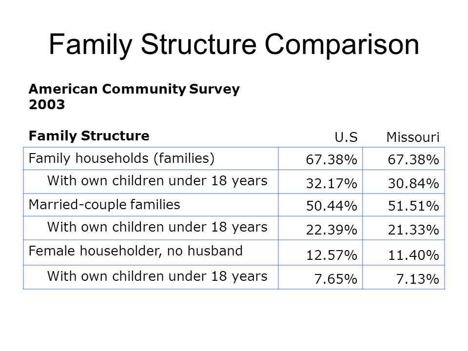 Family Structure Comparison American Community Survey 2003 Family Structure U.SMissouri Family households (families) 67.38% With own children under 18 years 32.17%30.84% Married-couple families 50.44%51.51% With own children under 18 years 22.39%21.33% Female householder, no husband 12.57%11.40% With own children under 18 years 7.65%7.13%