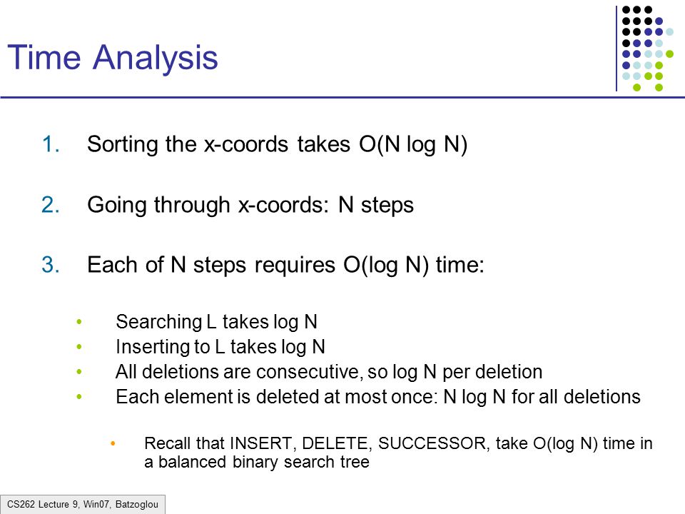 CS262 Lecture 9, Win07, Batzoglou Time Analysis 1.Sorting the x-coords takes O(N log N) 2.Going through x-coords: N steps 3.Each of N steps requires O(log N) time: Searching L takes log N Inserting to L takes log N All deletions are consecutive, so log N per deletion Each element is deleted at most once: N log N for all deletions Recall that INSERT, DELETE, SUCCESSOR, take O(log N) time in a balanced binary search tree